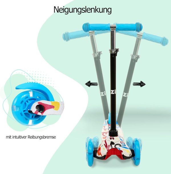 Timo 2 - Blauer Kinderroller mit LED-Rädern, Faltbar, ab 3 Jahre, bis 50