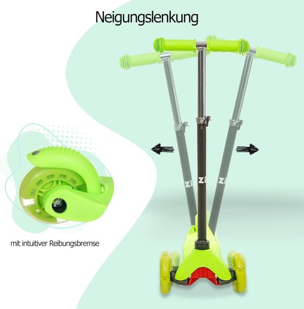 ZIZITO Timo 1 - Grüner LED Cityroller für Kinder ab 3, bis 50 kg