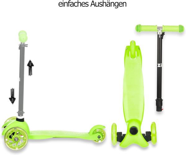 ZIZITO Timo 1 - Grüner LED Cityroller für Kinder ab 3, bis 50 kg