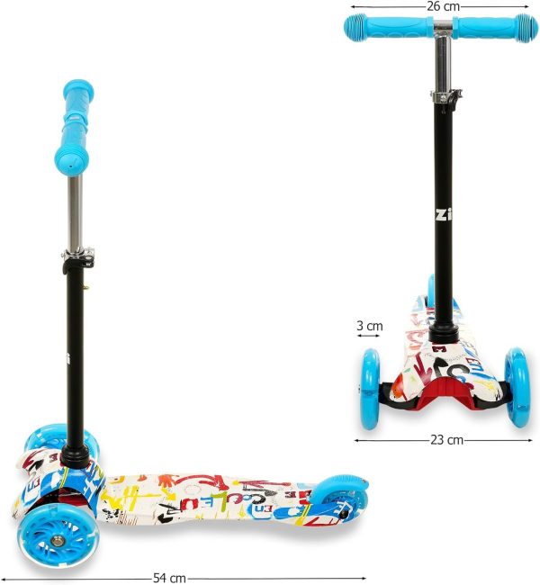 Timo 2 - Blauer Kinderroller mit LED-Rädern, Faltbar, ab 3 Jahre, bis 50