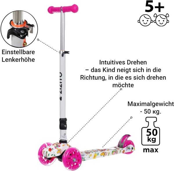 Tretroller für Kinder ab 5 Jahren mit LED-Lichtern, klappbar, in Rosa