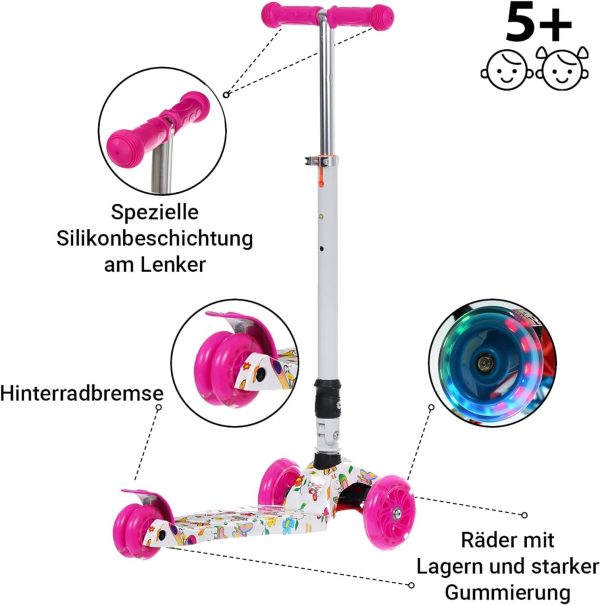 Tretroller für Kinder ab 5 Jahren mit LED-Lichtern, klappbar, in Rosa