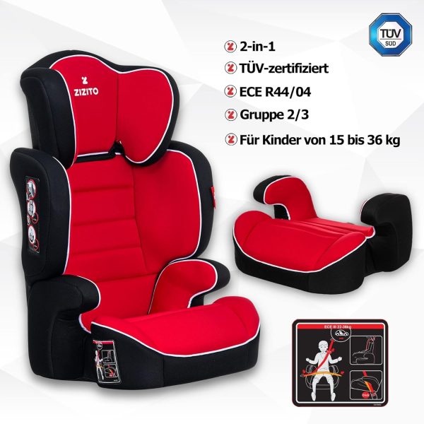 ZIZITO JUNONA-II Rot – 2-in-1 Kindersitz 15-36 kg, Gruppe 2/3, 3-12 Jahre + Geschenk