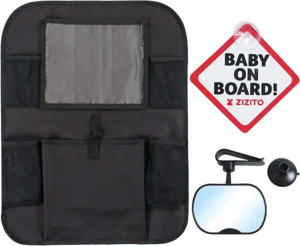 3-in-1 Baby Car Set - Backrest Protector with Tablet Holder, Baby On Board Sticker, Rear View Mirror 3